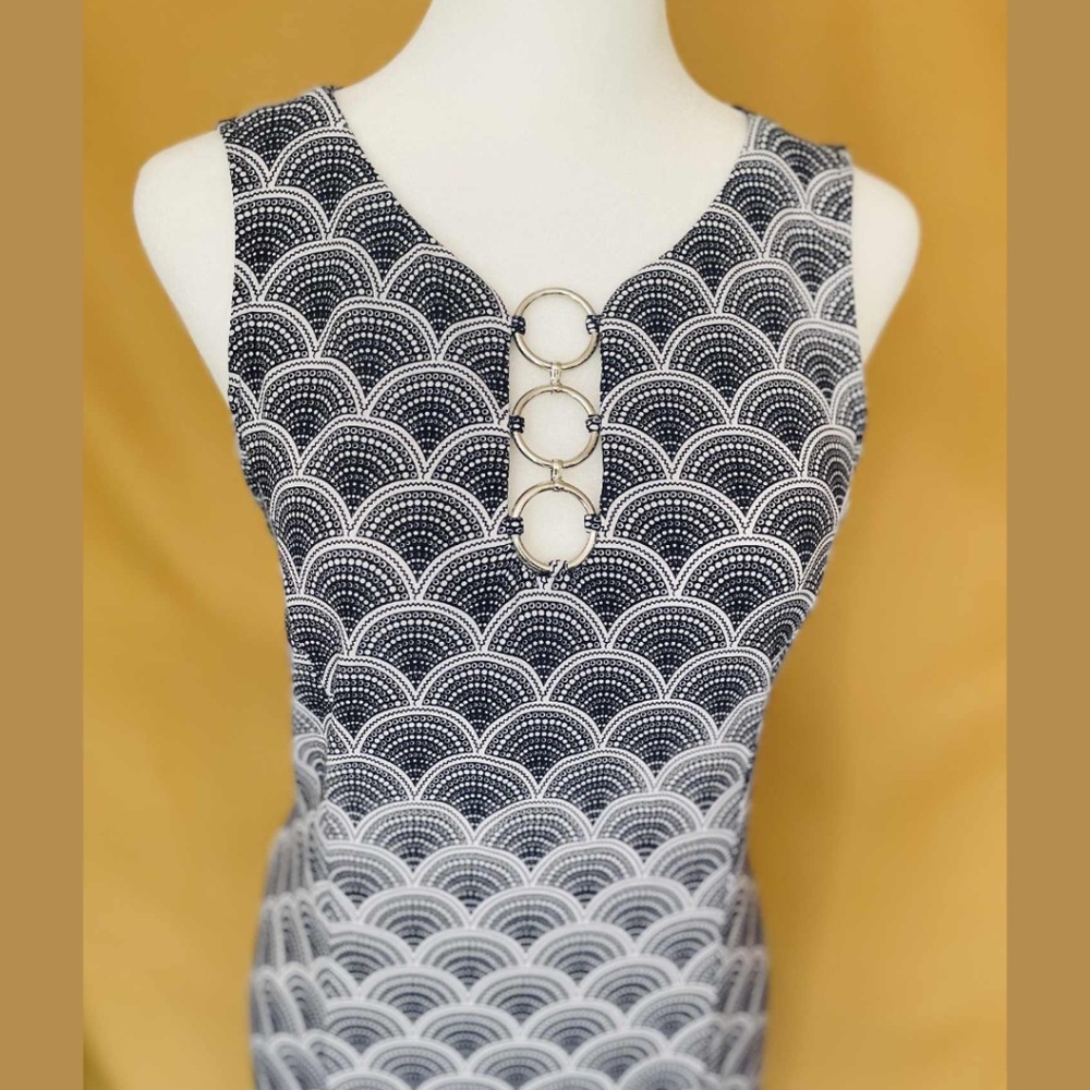 Blue & White Art Deco Print Maxi Dress – Sleeveless Statement S/M Summer